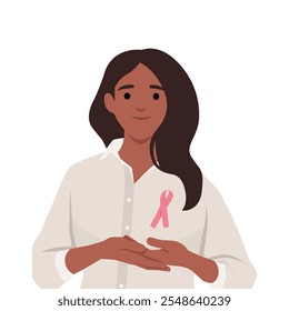 Mujer con cinta rosa mes de cáncer de mama. Ilustración vectorial plana aislada sobre fondo blanco