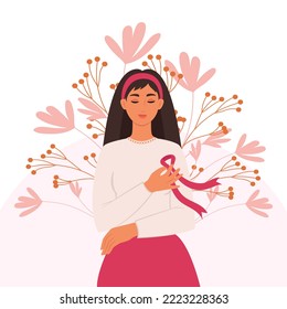 A woman with a pink ribbon on her chest is a symbol of the fight against breast cancer. Cancer prevention concept. Flat vector illustration.