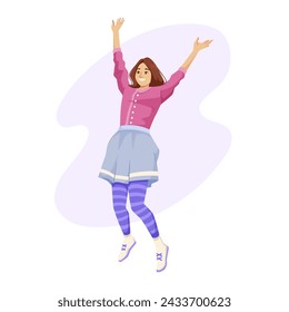 A woman in a pink shirt and blue skirt is jumping in the air. She is smiling and she is happy. Vector illustration