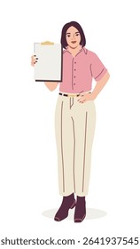 Woman in pink shirt and cream pants holding a clipboard, flat graphic style on white background. Concept of presentation, leadership, or checklist task. Vector illustration