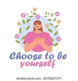 A woman in a pink shirt holding her chest, surrounded by colorful flowers and leaves, set on a light background. Concept of self-love and positivity. Vector illustration