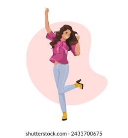 A woman in a pink shirt and jeans is dancing and smiling. She is wearing yellow shoes and a pink bow. Vector illustration