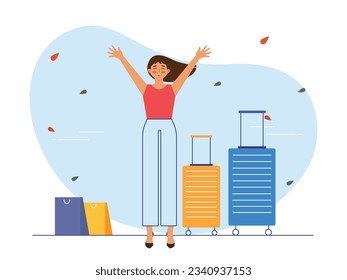 Woman pink short sleeves and long hair blowing in the wind happily going to airport for holiday with two suitcases and two bags. Character design. Vector flat illustration