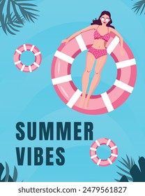 Woman in a pink swimsuit in the pool on a swim ring summer illustration, banner