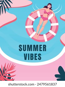 Woman in a pink swimsuit in the pool on a swim ring summer illustration, banner