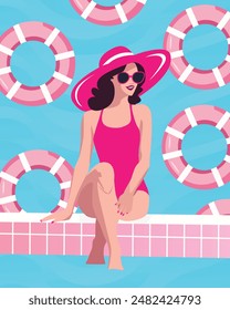 Woman in a pink swimsuit in the pool summer illustration, banner