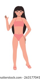 Woman in pink swimsuit waving hand. Flat vector illustration.
