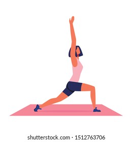 Woman in Pink Tank Top. Doing Yoga on Gymnastic Carpet on White Background. Sport Training for Women. Vector Illustration