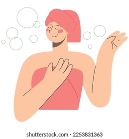 Woman in a pink towel. Self hygiene and SPA, beauty service flat vector minimalist illustration