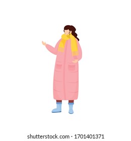 Woman in pink winter coat flat color vector faceless character. Female with scarf dressed for snow. Person in seasonal outfit for outdoors. Cold weather outfit isolated cartoon illustration