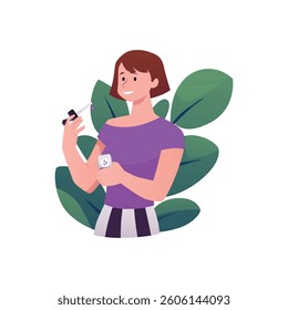 Woman with pipette and bottle of herbal lilac mixture, lavender flower. Floral essence fragrance cosmetic on floral background vector design. Natural perfumery or aromatherapy product