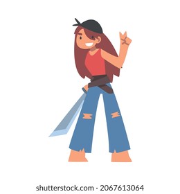 Woman Pirate or Buccaneer Character with Sabre as Marine Robber Showing V Sign Vector Illustration