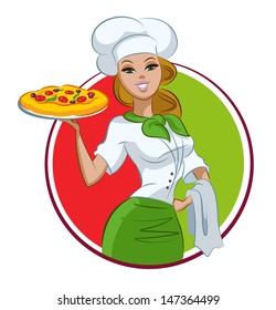 Woman pizza cook. Vector illustration isolated on a white background