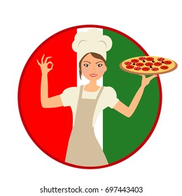 Woman pizza cook. Vector illustration isolated on a   of the flag of Italy