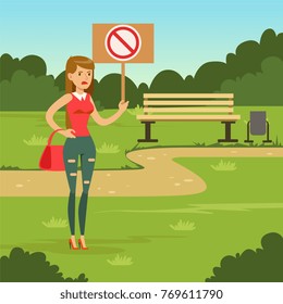 Woman with placard claiming her demands in the park, female with picket sign protesting flat vector illustration