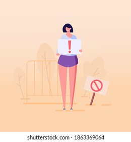 Woman with a placard with an exclamation mark. Concept of protest, stop, rejection, rally, action, political revolution, demonstrate, manifesting. Vector illustration in flat design