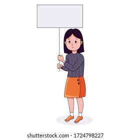 woman with placard, protesting activist, Working strike. worker holding blank banner taking part in parade. manifest with demonstrating sign with empty space for text. isolated vector illustration