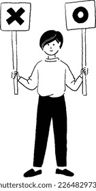 Woman with a placard with zeros and x's