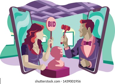 Woman Place Bid in Online Antique Museum Flat Illustration Concept