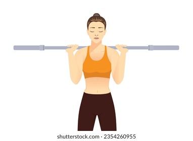 Woman place herself underneath the Cap Barbell across her shoulder. Illustration about start pose of exercise with weight lifting equipment.