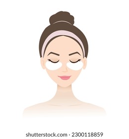 The woman place under eye mask on her face vector isolated on white background. Eye serum patches help smooth under eye skin texture and reduce fine lines. Skin care and beauty concept illustration.