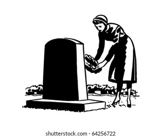 Woman Placing Flowers On Grave Site - Retro Clipart Illustration