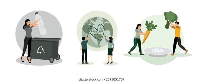 Woman placing a large plastic bottle into a recycling bin. Trying to save planet earth. Two people collaboratively drawing a heart on a globe. emphasizing healthy eating and teamwork.