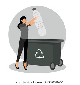 Woman placing a large plastic bottle into a recycling bin. Promoting eco-friendly actions and environmental conservation for a sustainable world through proper waste disposal. 