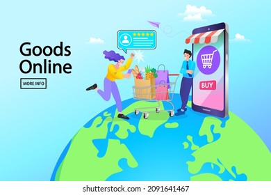 Woman placing order on mobile phone, standing on globe. Express delivery Shopping on social networks flat design style. Online shopping vector illustration.