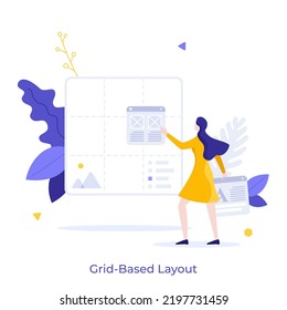 Woman placing program window on screen. Concept of grid-based layout, creation of web design template, creating website structure, positioning elements on website. Modern flat vector illustration.