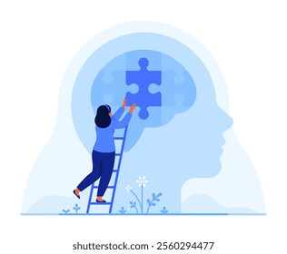 Woman placing a puzzle piece in a brain silhouette. Mental health, therapy, psychotherapy, psychology, psychiatry, neurology, memory concept. Flat vector illustration isolated on white background