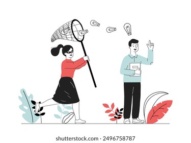 Woman with plagiarism. Woman with net steals light bulb from man. Copyright infringement and theft of intellectual property. Crime scene. Linear vector illustration isolated on white background