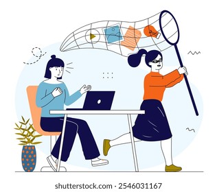 Woman with plagiarism. Young girl with net catching ideas of woman with laptop. Violation of copyright and intellectual property. Linear vector illustration isolated on white background