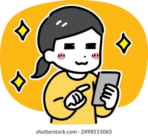 A woman in plain clothes holding a smartphone with a happy expression