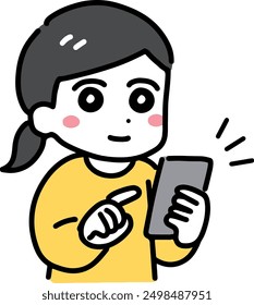 A woman in plain clothes operating a smartphone with a smile