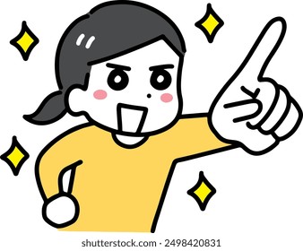 A woman in plain clothes pointing vigorously