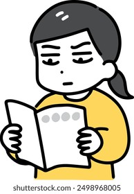 A woman in plain clothes reading a booklet with a serious face