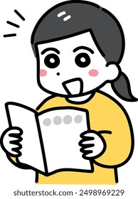 A woman in plain clothes reading a booklet with a smile