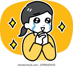 A woman in plain clothes smiling and crying
