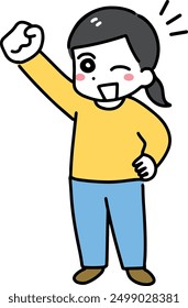A woman in plain clothes smiling and raising her fist