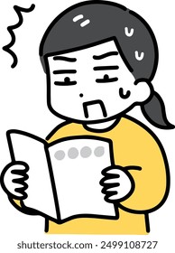 A woman in plain clothes is surprised after reading a booklet
