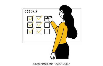 Woman plan todo list and business checklist vector illustration concept. Office document management and task survey. Character with pencil and complete schedule. Female planner and organization job