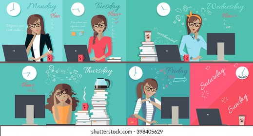 Woman Plan Work Week Design Flat. Set Of Images Of Each Working Day From Monday To Friday, Office Worker Woman. Illustration Working Hours, Vector Schedule Everyday Busy Work Week Business Woman