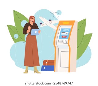 Woman with plane tickets. Young girl buys plane tickets in terminal. Travel and tourism, flights. Passenger at airport. Journey and vacation. Flat vector illustration isolated on white background