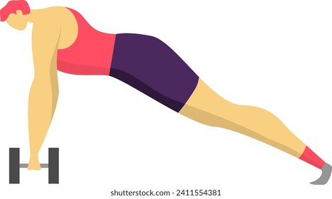 Woman in a plank position with hand weights, fitness exercise routine, full body workout, healthy lifestyle with a simple flat design. Active female, workout motivation vector illustration.
