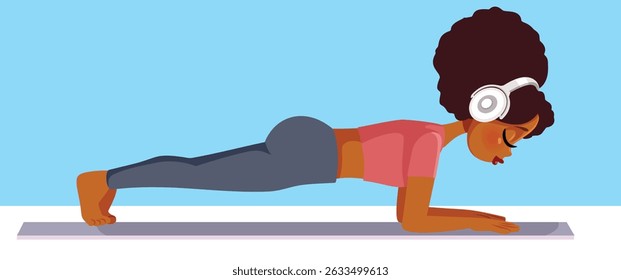 
Woman in Plank Position Listening to Music Vector Cartoon. Sporty girl working on core strength and balance 
