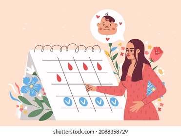 Woman planning a baby and looking at her menstruation cycle period. Family planning to have a child. Female regular menstrual cycle concept. Menstrual period, menstruation, ovaries vector illustration