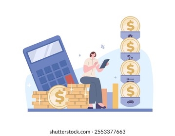 Woman planning budget. Saving money, bills and payments for home car vacations. Female counting incomes and expenses, finance strategy vector concept