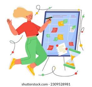 Woman planning concept. Young girl near blackboard with colorful todo lists, sticky notes. Time management, setting goals and deadlines, organizing effective workflow. Cartoon flat vector illustration