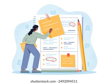 Woman with planning concept. Young girl with large pencil writes goals and objectives in notebook. Time management and efficient workflow. Flat vector illustration isolated on white background